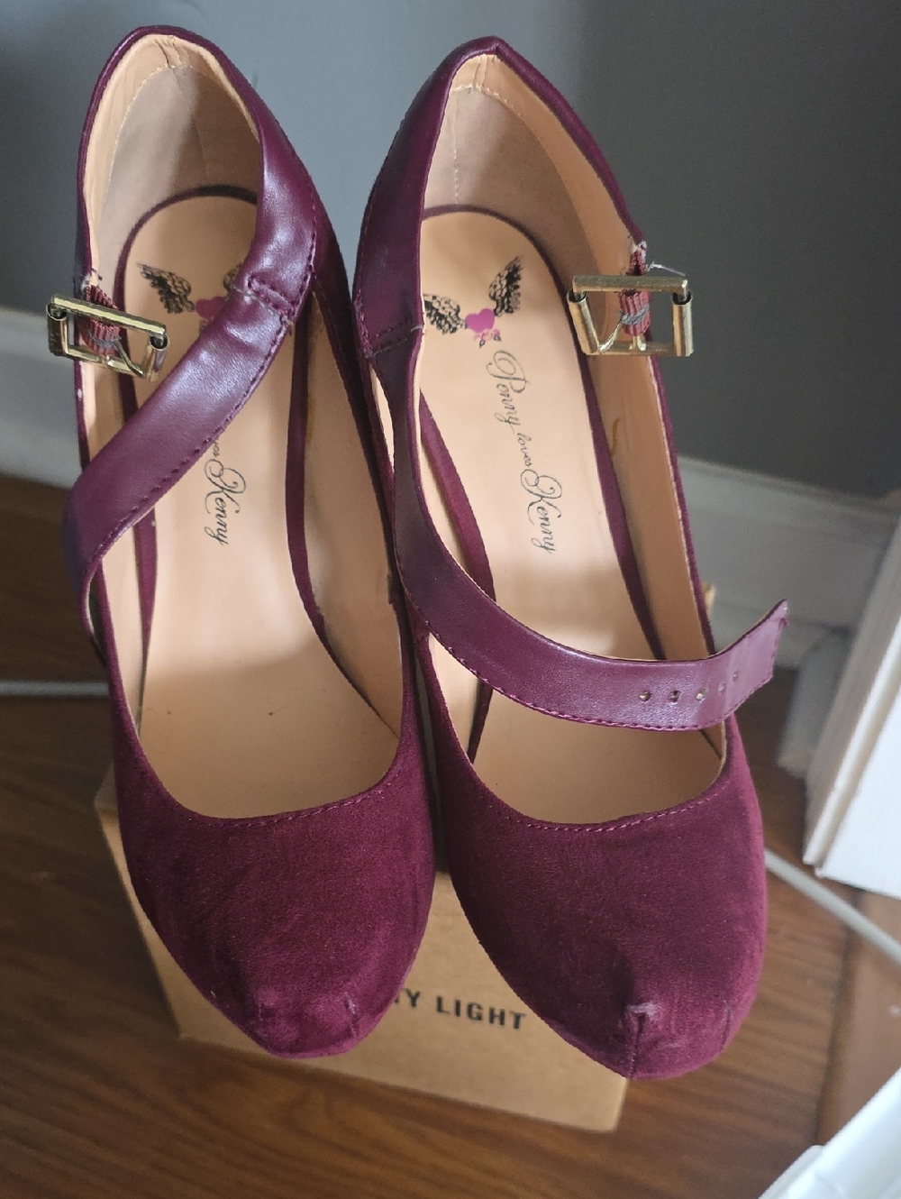 Penny Loves Kenny Burgundy Suede Mary Jane Heels with Ankle Strap